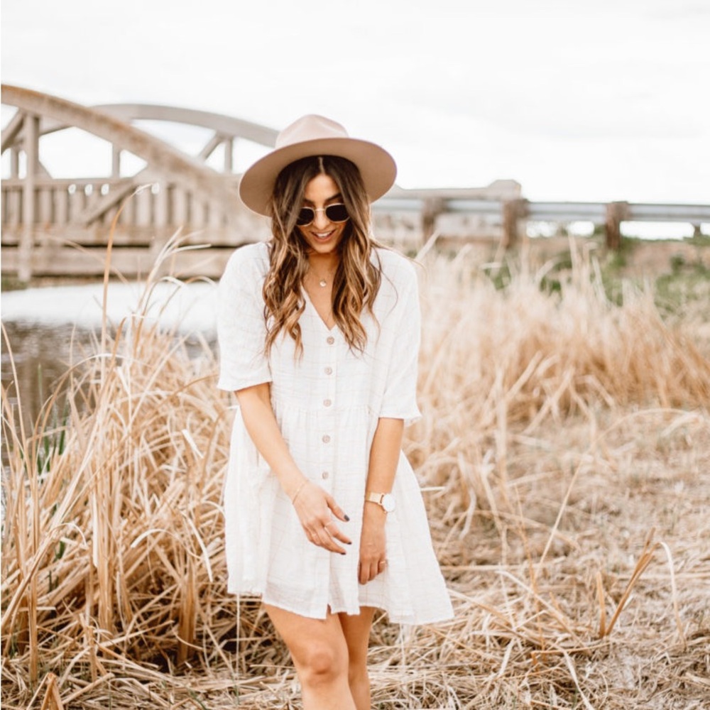 White and Cream Checkered Button-Down Dress